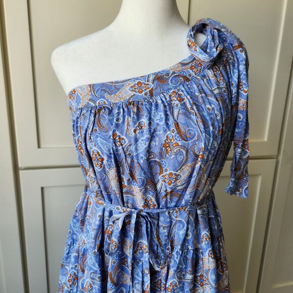In Loom Blue Paisley One-Shoulder Dress Flowy Babydoll Boho Festival Cute Summer - Picture 4 of 12